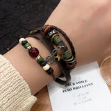 Daiiibabyyy  Handmade Hippie Design Brown Leather Bracelet Women Metal Star Note Charms Wood Button Beads Wrap Unisex Adjustable Bracelet
