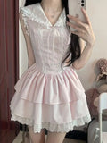 DAIIIBABYYY  -  French Sweet Girl Pink Lace Splicing Navy Collar Puff Dress Female Students New Waist Concealing Princess Short Dresses