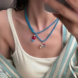 DAIIIBABYYY  -  Trendy Summer Y2K Blue Ceramic Fish Red Mushroom Cute Beads Necklace Women Girls Aesthetic Beach Jewelry Emo Accessories