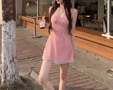 Daiiibabyyy  French Style Vintage Polka Dot Mini Dress Female Clothing Backless Summer Halter Lace Stylish Bandage Sleeveless Waist Dresses
