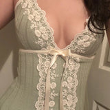 DAIIIBABYYY  -  Contrast Lace Trim Patchwork Camisole Y2K Aesthetic Bow Tie-up Straps Crop Tops Ribbed Corset Cute Skinny Vest Lolita Tops