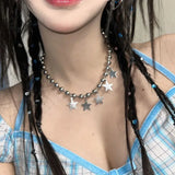 DAIIIBABYYY  -  Punk Style Metal Round Bead Collarbone Chain Necklace for Women Girls Retro Star Pendant Chokers Y2K Hip Hop Rock Party Jewelry