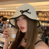 DAIIIBABYY  -  2024 New Thin Knitted Bucket Hats Summer Outdoor Travel Korean Version Fashion Bow Design Versatile Breathable Women's Caps