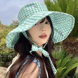 Daiiibabyyy Korean Version Mint Mambo Green Plaid Summer Caps for Women Outdoor Travel Big Brim Sun Protection Versatile Straps Bucket Hat