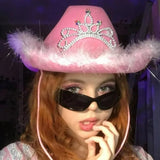 DAIIIBABYYY  -  2024 Pink Feather Western Cowboy Hat Women British Retro Jazz Caps Theme Party Halloween Carnival Hats Wide Brim Wool Felt Hat