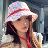 DAIIIBABYYY  -  Korean Version of Sweet Floral Strap Bucket Hat Women's Spring and Summer Small Fresh Pastoral Style Sunshade Thin Sun Cap