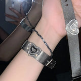 Daiiibabyyy  Y2K Metal Crystal Heart Wide Bracelets for Men Women Punk Silver Color Bracelets Adjustable Wrist Belt Buckle Cuff Bangle Party