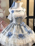 DAIIIBABYYY  -  Japan Lolita Sweet Girl Pink Blue Jacquard Fabric Off-The-Shoulder Dress Female High Waist Lace-Up Bow Above Knee Princess Dress