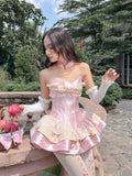 Daiiibabyyy  Pink Ballet Princess Dress Crossed Strap Bustier A-Line Fluffy Short Dress Birthday Date Ceremony Sweet High Waist Puffy Skirt