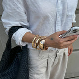 Daiiibabyyy  Vintage Hip Hop Smooth Metal Wide Cuff Bangle Punk Gold Color Geometric Spring Bangles For Women Bracelet Aesthetic Jewelry Gift