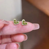 Daiiibabyyy  Fresh Green Crystal Heart Stud Earrings Girls Ins Sparkling Earrings Holiday Daily Sweet Fashion Jewelry Gifts