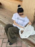 DAIIIBABYYY  -  White Off Shoulder Print T Shirt Women Clothes Short Sleeve Korean Fashion Streetwear Loose Cotton Summer Tops Y2k Tees