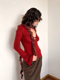 Daiiibabyyy  Retro Spicy Girl Style Niche Instagram High End Lace Patchwork Design Sexy Twisted Hollow Out V-neck Base Shirt