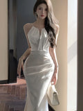 Daiiibabyyy Summer New Satin Halter Midi Dresses for Women Slim Mermaid Sexy Bodycon Evening Party Dress Sleeveless Prom Robe Vestidos Mujer