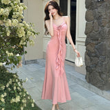 DAIIIBABYYY  -  Pink V-Neck Sexy Sling Long Dress Summer Elegant Luxury Chic Ruffled Long Dress Women Korean Fashion Bodycon Prom Dress