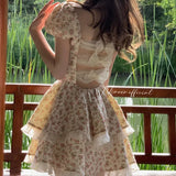 DAIIIBABYYY  -  French Bow Backless Summer Lolita Patchwork Printed Ruffles Floral Zipper Fashion Elegant Slim Casual Puff Sleeve Dresses