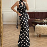 Daiiibabyyy  Sexy Halter With Scarf Top & Skirt Outfit Elegant Sleeveless Waist Slim Long Skirt Set Women Fashion Dot Print Backless 2Pc Suit