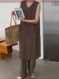 DAIIIBABYYY  -  Cusual Loose Side Slit Linen Vest Dress Women Summer New Style French Luxury V-neck Layered Long Solid Vestidos