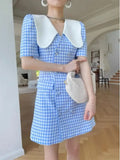 DAIIIBABYYY  -  Dress Summer Women 2025 New Trendy Ins Light Mature Age Reducing Doll Collar Small Blue Checkered Children Cute Sweet
