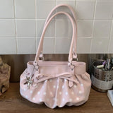Daiiibabyyy  Polka Dot Ruched Shoulder Bag With Star Pendant Women Bow Decor Large Capacity Hobo Bag Retro Versatile Handbag For Daily Commut