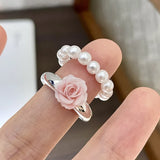 Daiiibabyyy  Romantic Pearl Rose Flower Finger Rings for Women Girls 3D Pink Rose Ring Elegance Aesthetic Jewelry Temperament Accessories
