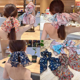 Daiiibabyyy -  Floral mesh yarn large intestine hair ring printed hair rope female ponytail hair rubber band bow headdress streamer head rope
