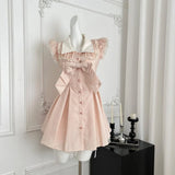 Daiiibabyyy  Striped Print Japanese Sweet Kawaii Pink Women Dress Fashion Cute Bow Y2k Princess Dress Harajuku Chic Lace Korean Clothes