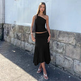 Daiiibabyyy  Casual Solid Color Off Shoulder Sleeveless Crop Top High Waist Ruffle Mini Dress with Ruched Waistband Asymmetrical Hem in