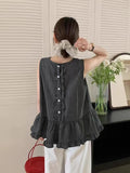DAIIIBABYYY  -  Back Single Breasted Black Fungus Edge Checkered Vest Women Summer New Retro Age Reducing Sleeveless Shirt Top