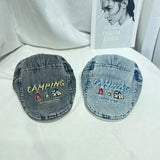 Daiiibabyyy  Cute Puppy Embroidery Washed Denim Forward Hat Men and Women Retro Big Head Short Brim Sunshade Flat Top Painter Cap Gorras