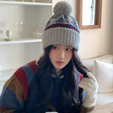 Daiiibabyyy  Japanese Retro Jacquard Knitted Pullover Hat for Women Autumn and Winter Ear Protectors Thickened Warm Skull Beanie Cap