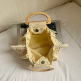 Daiiibabyyy  New Retro Fan-shaped Crochet Woven Underarm Bag for Women Ins Style Seaside Vacation Versatile Wooden Handle Shoulder Bag