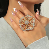 Daiiibabyyy Luxury Big Flower Zircon Rings Women Indian Jewelry Classic Hollow Gold Color Adjustable Ring Female Gifts Dropshipping