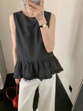 DAIIIBABYYY  -  Back Single Breasted Black Fungus Edge Checkered Vest Women Summer New Retro Age Reducing Sleeveless Shirt Top