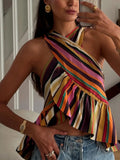 Daiiibabyyy  Striped Ruffle Halter Asymmetrical Tops Women Sexy Sleeveless Side Placket Irregular Hem Slim Crop Top Summer New Lady Partywear