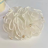 Daiiibabyyy  1PC Elegant White Organza Scrunchie With Crystal Beads: Romantic Ruffled Hair Accessory For Women, Perfect For Daily