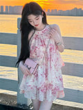 DAIIIBABYYY  -  2025 Sweet Wind Sleeveless Hanging Neck Floral Dress Summer New Style Small Beach Vacation Beauty Short Elegant