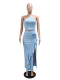 DAIIIBABYYY  -  Solid Minimalist Two Piece Sets for Women Halter Sleeveless Short Tops High Waist Spliced Appliques Skirts Chic Set Female