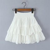 Daiiibabyyy  Spicy Girl Embroidered Hollow Pleated Camisole With Elastic Waist Skirt White Eyelet Embroidery Top And Ruffle Mini Skirt ZM2N