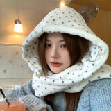 Daiiibabyyy  Korean Love Love Plush Hat Scarf One Polka Dot Retro Ins Merad Style Lamb's Wool Hat Winter Thickened Windproof Warm Neck