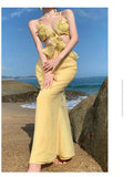 DAIIIBABYYY  -  New Fashion Holiday Yellow White Camis Slip Long Dress Backless Ruffles V Neck Seaside Beach Dress Sexy Hollow Waist Fairy Dress