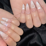 Daiiibabyyy  White Glitter Powder Bowknot Long Pointed Fake Nails Art Ballet False Nail Cow Print Pearl Rhinestone Pink Almond Press on Nails
