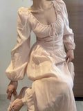 Daiiibabyyy  Korean Sweet Pink Dress for Women Square Collar Slim Waist Robe Elegant Femme Vestidos De Mujer Vintage Puff Sleeve Maxi Dresses