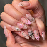 Daiiibabyyy  24Pcs Mid-length Almond Fake Nails Pink Lace Stripe French Press on False Nails 3D Bow Polka Dot Wearable Full Cover Nails Tips