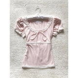 DAIIIBABYYY  -  Kawaii Pink T Shirt Women Japanese Cute Bow Lace Up Tops Summer Y2K Korean Fashion Lace Patchwork Puff Short Sleeve Tees