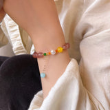 Daiiibabyyy  Purple Pink Crystal Pearl Beaded Bracelet New Flower Bead Tassel Design Exquisite Elastic Elegant Bracelet Women's Jewelry Gift
