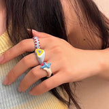 Daiiibabyyy  Boho Cute Romantic Macaron Color Love Heart Enamel Opening Rings for Women Charm Trendy Personality Y2K Finger Jewelry Girl Gift