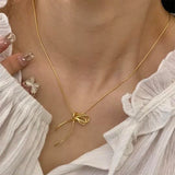 Daiiibabyyy Trendy Simple Golden Silver Plated Bow Pendant Necklace for Women Glossy Copper Chain Sweet Elegant Party Jewelry Wedding Gifts
