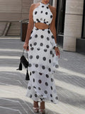 Daiiibabyyy  Women Elegant Luxury Slim 2Pc Suits Polka Dot Print Holiday Skirt Outfits Sexy Halter Sleeveless Top & Layered Ruffle Skirt Set