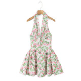 Daiiibabyyy  Sexy Floral Leaves Print Pleated Ruched Halter Dress Women Deep V neck Slim Low Waist Swing Ball Gown Backless Mini Dresses Robe